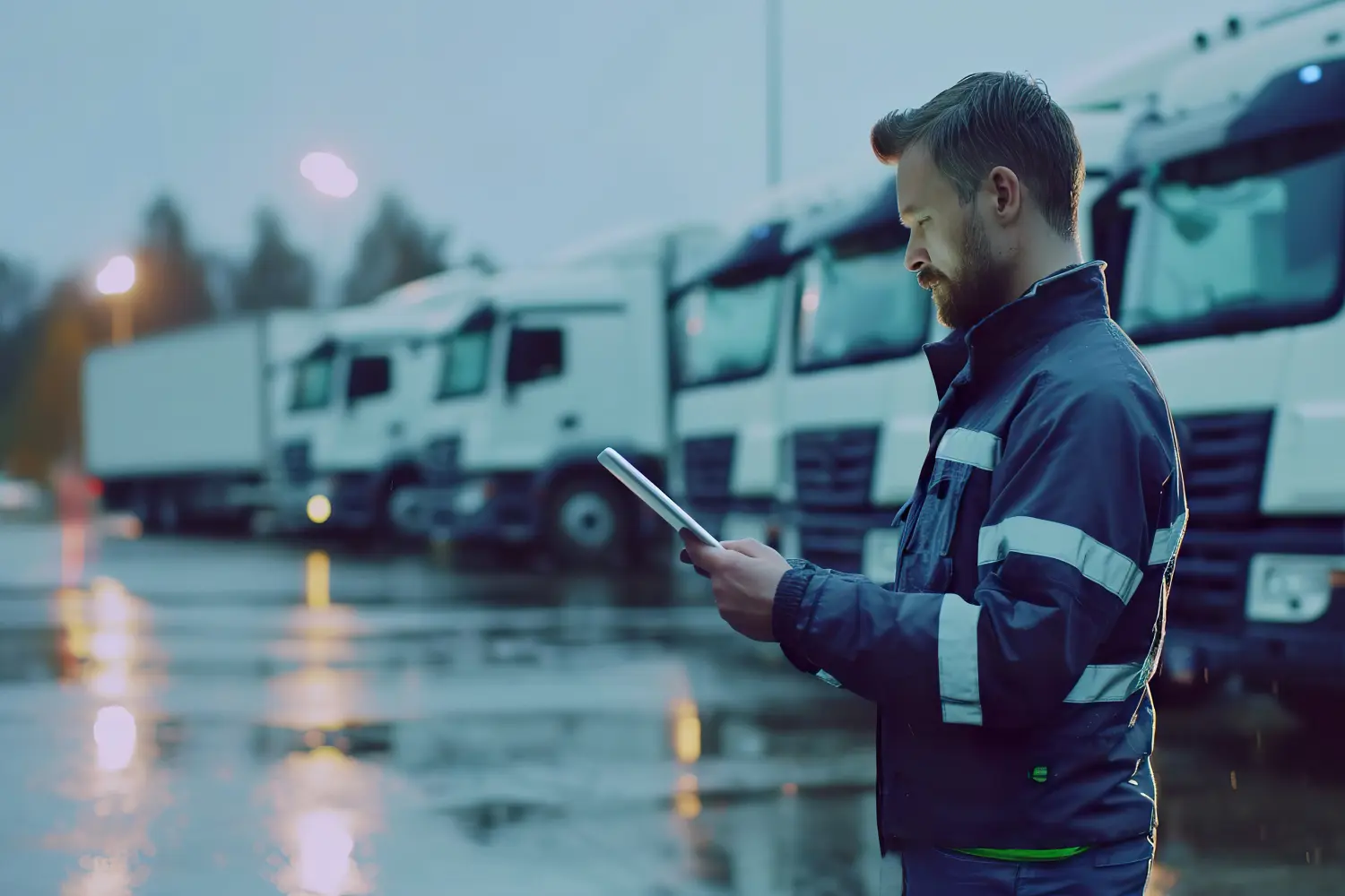 Logistikprofi mit Tablet bei Truck Fleet