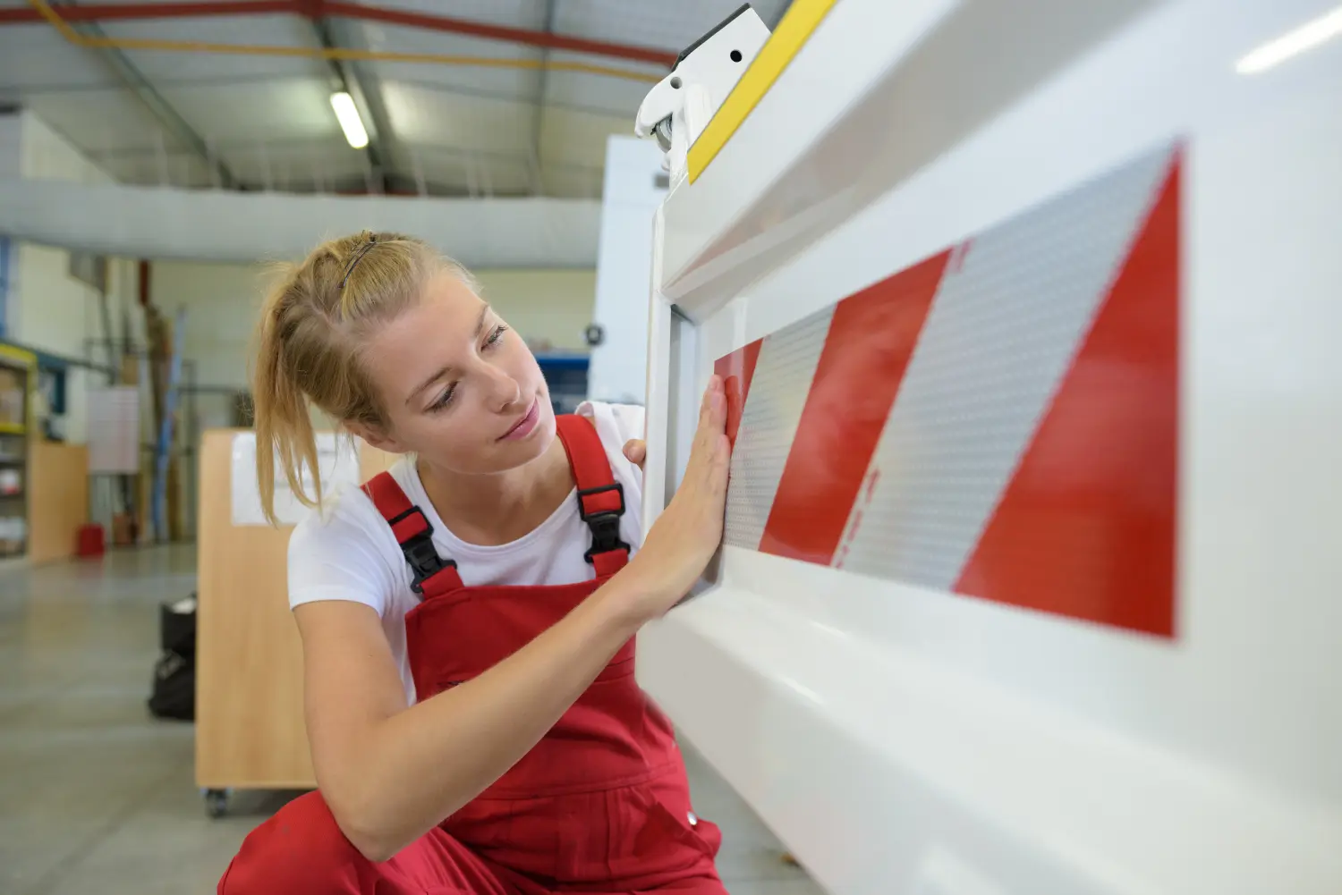 Mechanikerin klebt reflektierenden Aufkleber auf ein Auto